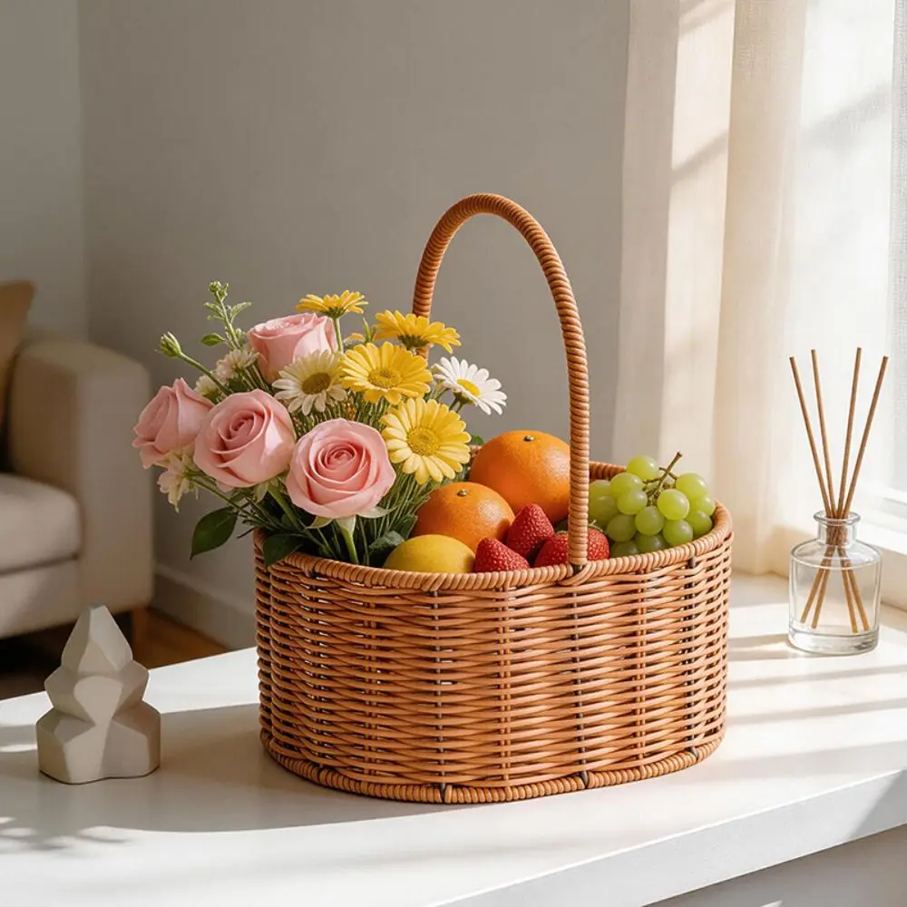Fashion Handwoven Style Woven Basket Portable Handle Rustic Oval Basket Oval Shape Flower Basket Home Decor
