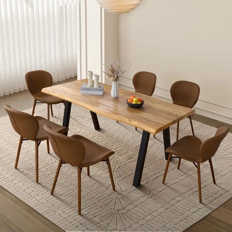 

Dining Table, Live Edge Wood Farmhouse Kitchen Table and Leather Dining Chair, Modern 5 Piece Rectangle Dining Table Set，Brown