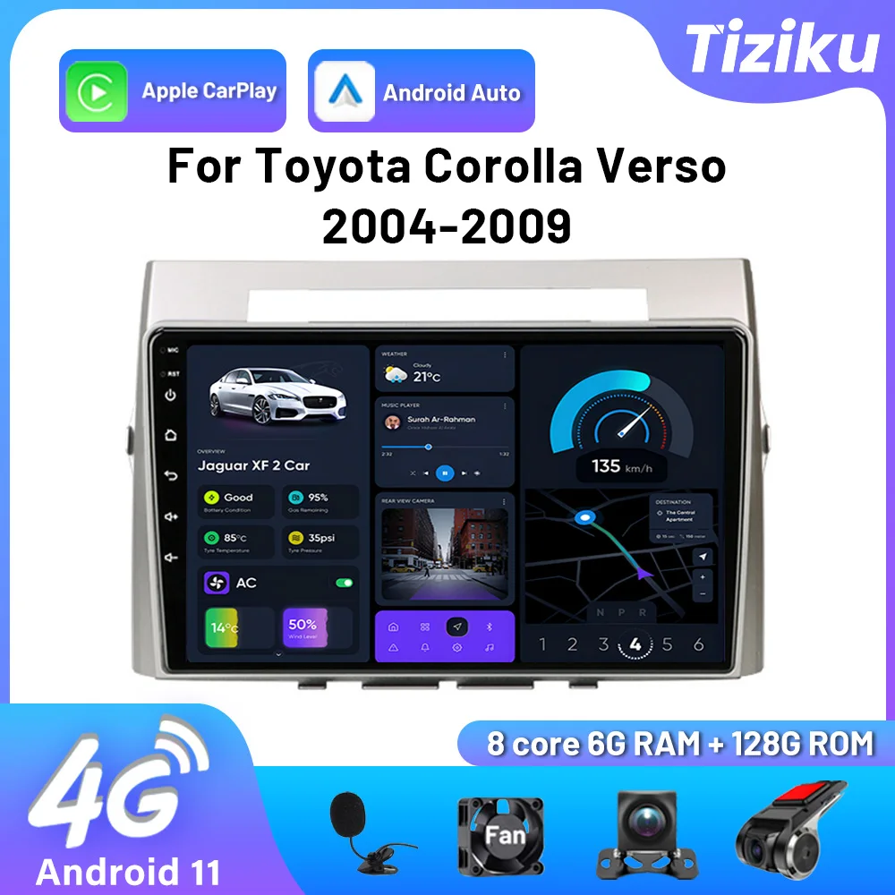 

4G 2Din Car Radio Android Auto Wireless Carplay Multimedia Player GPS DSP Bluetooth Autoradio For Toyota Corolla Verso 2004-2009