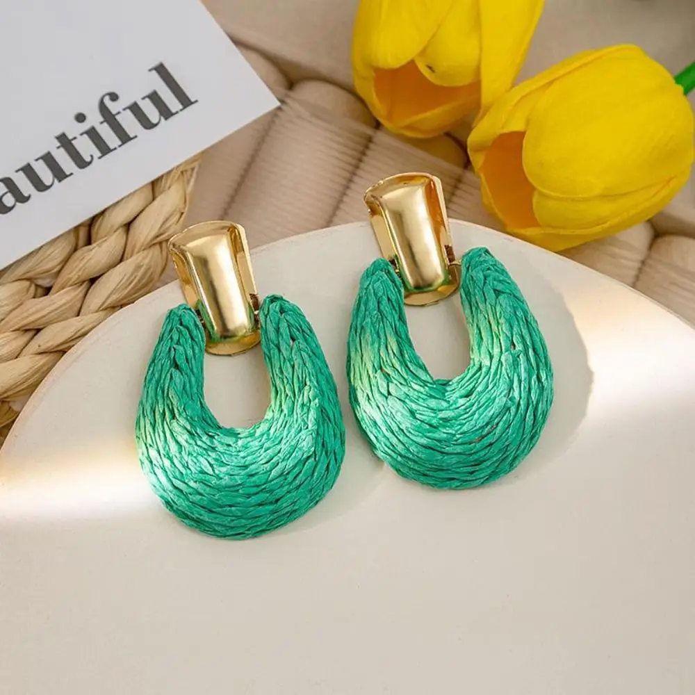 Scalloped Earrings Woven Raffia Earrings Colorful Solid Color Beach Tassel Earring Alloy Hoop Exaggerate Hollow Round Earrings