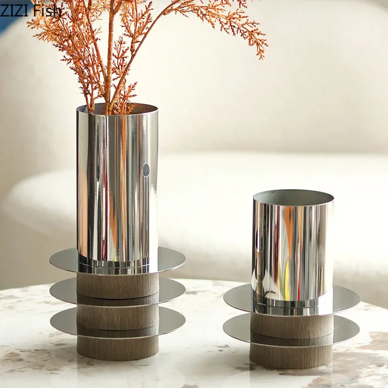 Silver-plated Vase Wooden Base Flowers Pots Desk Decoration Ornaments Flower Arrangement Floral Vases Room Aesthetic Decor