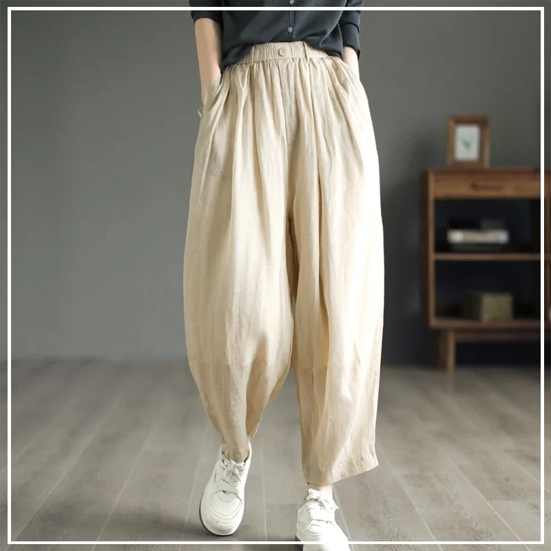 

2024 New Summer Minimalist Solid Color Casual Loose Oversize Fashion Retro Lazy Style High Waist Pocket Thin Harlan Pants A61