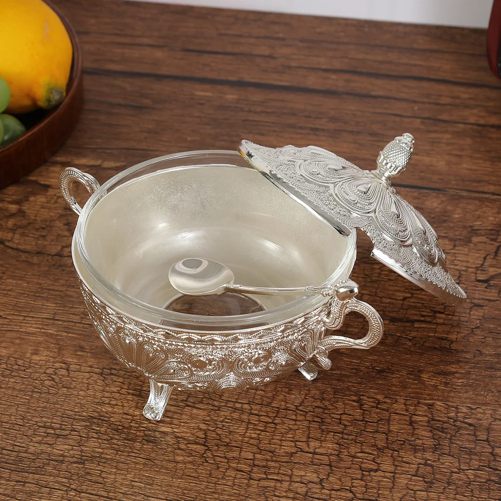 Europea Style Silver Peacock Pattern Sugar Bowl with LidSilver Alloy Spice Salt Cheese ContainerCoffeeBeanStorageJarKitchenDecor view 4