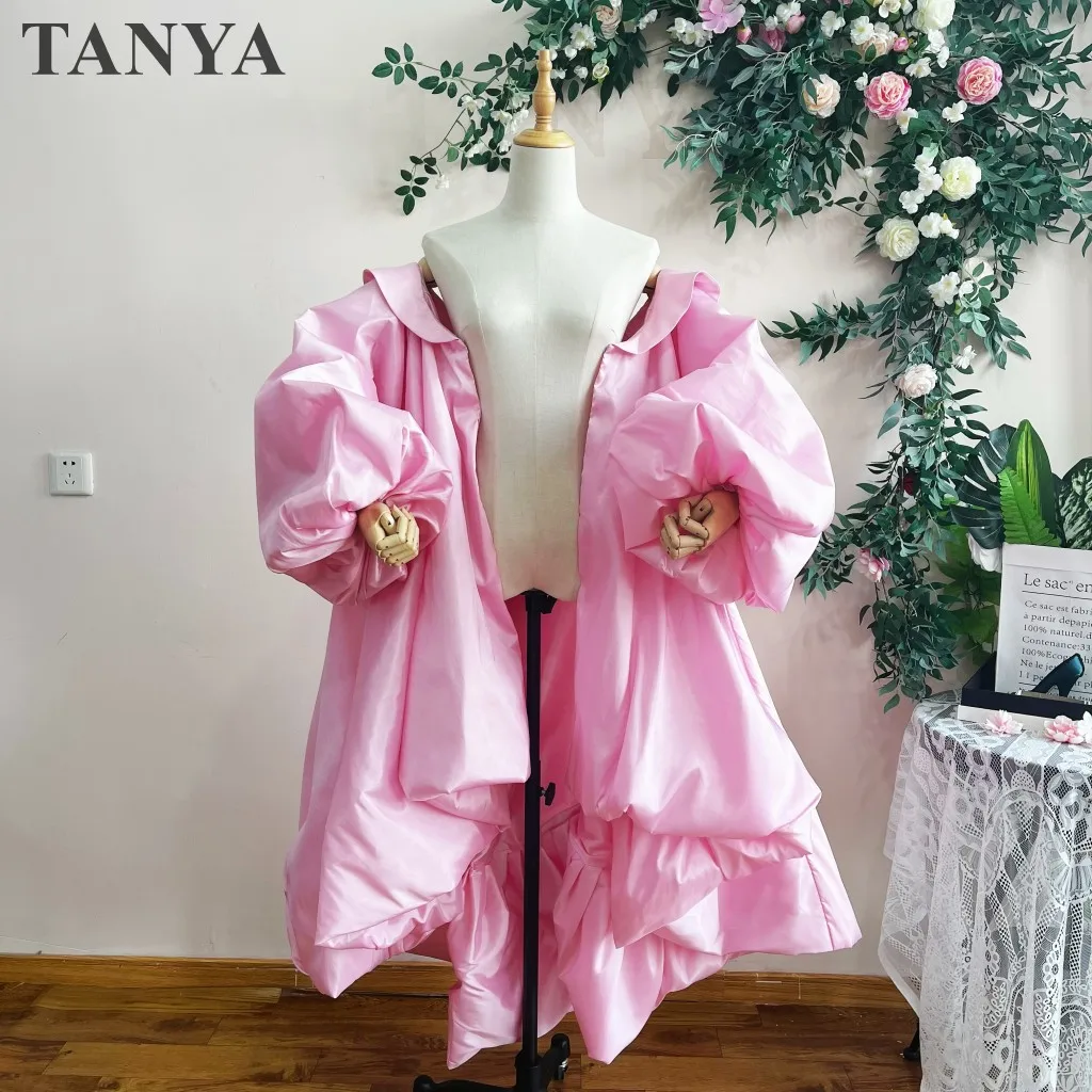 Capa de boda de tafetán rosa, mangas hinchadas, envolturas para novias, capa de novia alta y baja, accesorios, abrigo de novia, chaqueta personalizada