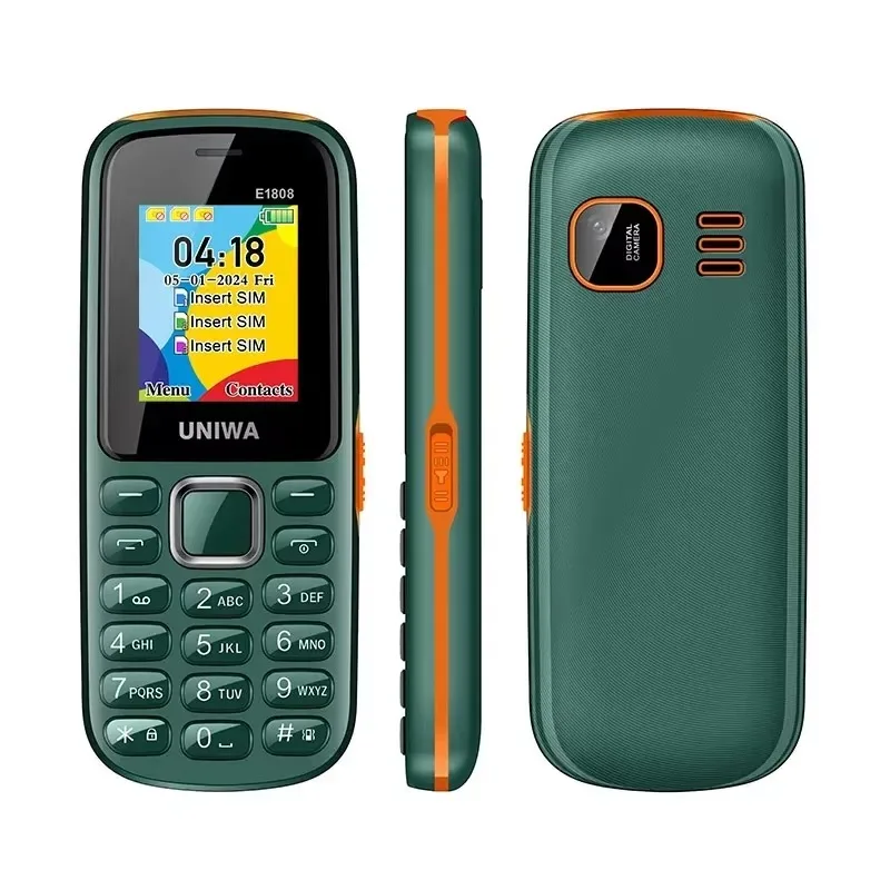 UNIWA E1808 Fitur Ponsel 3 Kartu SIM 3 Senter Radio Nirkabel Siaga Volume Tinggi untuk Ponsel Keypad 2G Tua