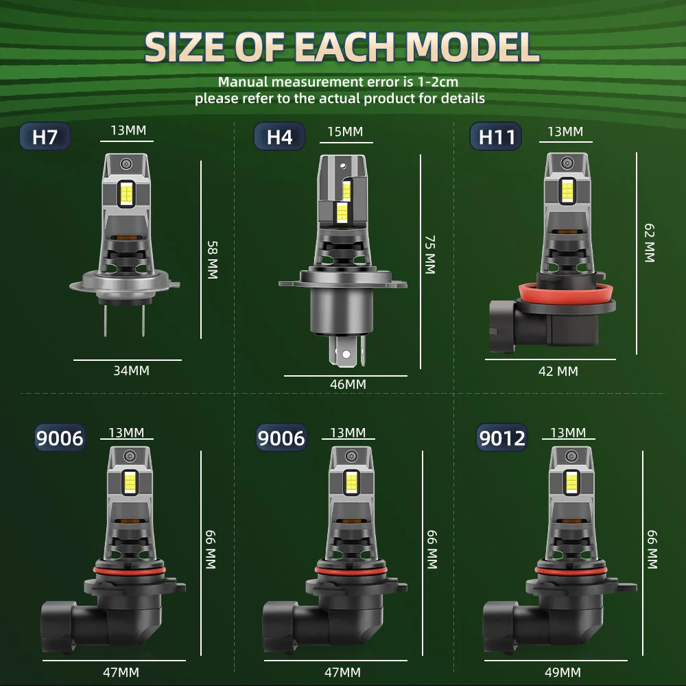 Super Bright LED farol bulbo, farol de carro, lâmpadas de nevoeiro automático, luzes Turbo, 25000LM, H7, H4, H11, H8, H9, 12V, HB3, 9005, HB4, 9006, 6000K