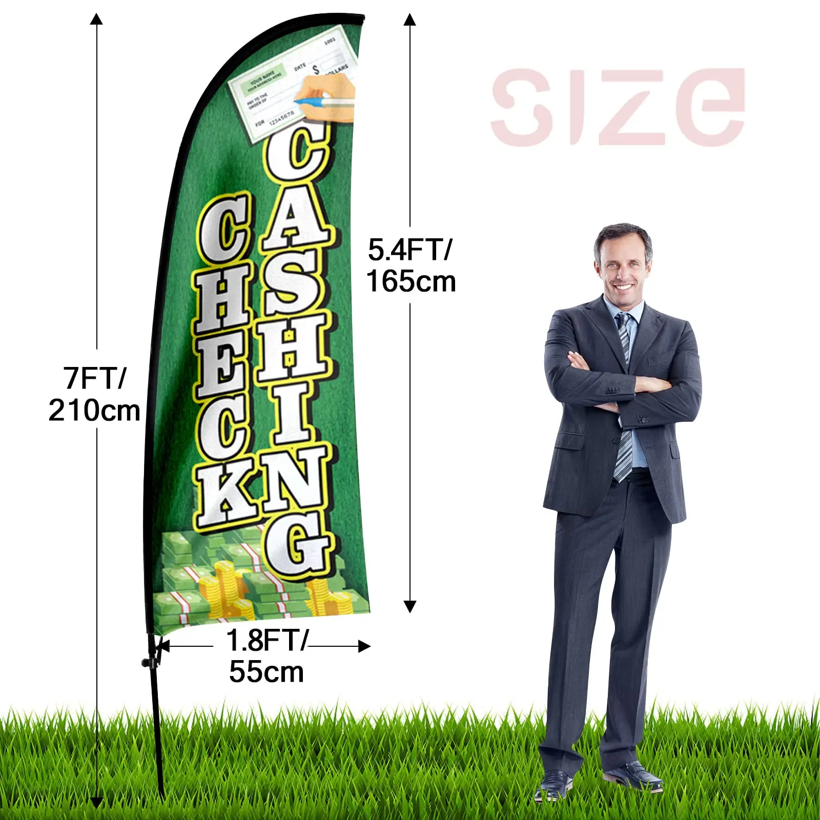 FSFLAG Check Cashing Swooper Flag,7FT Check Cashing Advertising Feather Flag With Pole Kit, Ground Spike, Check Cashing Signs