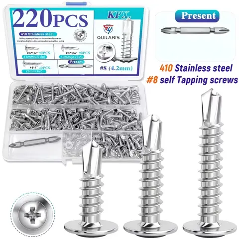 220 PCS 410 flat-head stainless steel self-tapping screws set, with round-head cross design - includes spacers, available in three sizes: 8 * 1/2", 3/4", 1", sturdy and durable, multi-functional self-drilling screws, suitable for DIY projects, furniture,