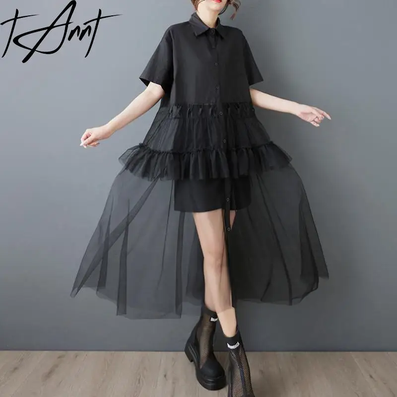 

Tannt Women Dress Asymmetrical Mesh Patchwork Fake Two-piece Dresses 2025 New Fashion Summer Long Black Casual Dresses Women