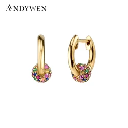 ANDYWEN 925 Sterling Silver Sphere Rainbow 8mm Huggie Hoops Earrings Crystal CZ Circle Loops Women Piercing Rock Punk Jewelry