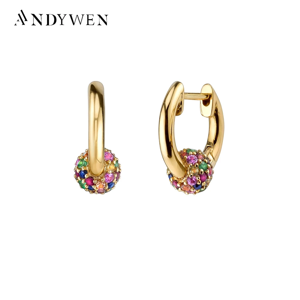 ANDYWEN 925 Sterling Silver Sphere Rainbow 8mm Huggie Hoops Earrings Crystal CZ Circle Loops Women Piercing Rock Punk Jewelry