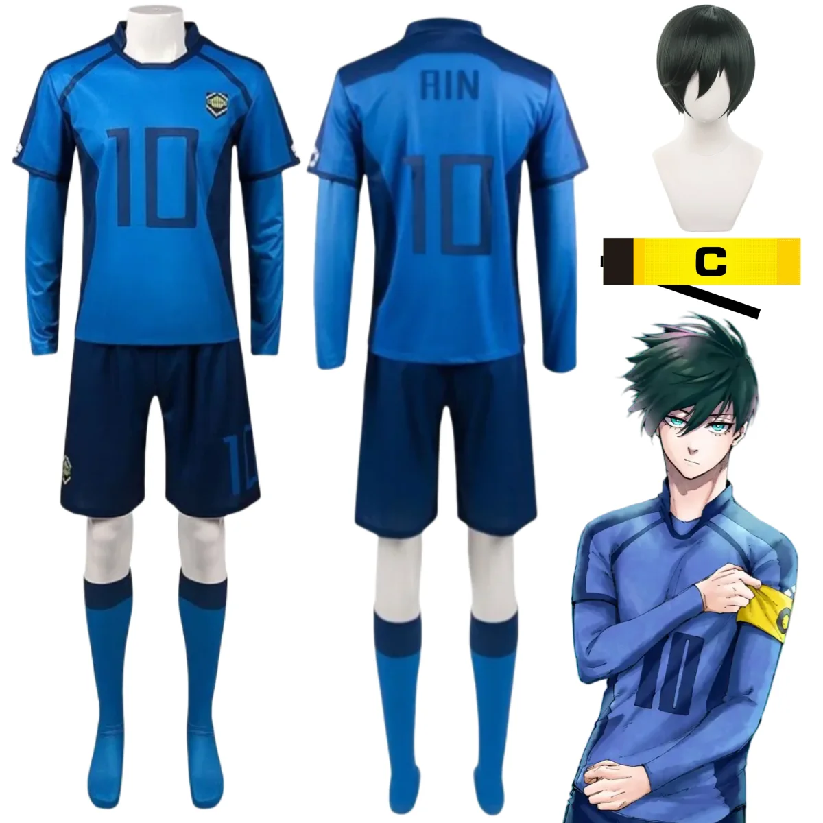 Anime Rin Cosplay Costumes U20 Match Football Jersey Rin Itoshi Soccer Uniform Set Captain's Armband Wigs Gloves