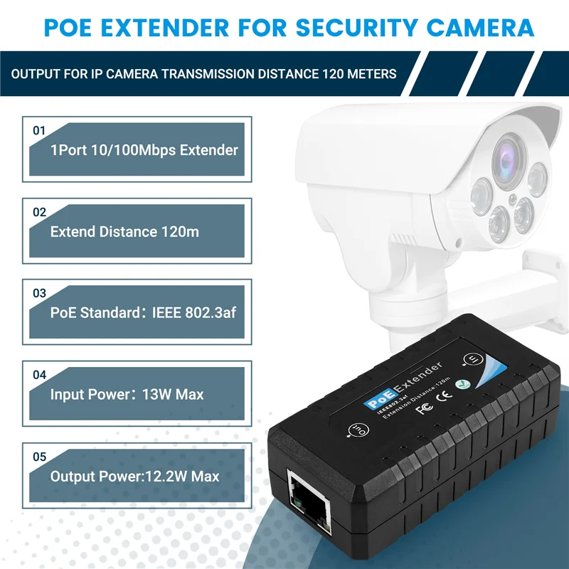 

New!1 Port POE Extender 10/100Mbps With IEEE 802.3Af Standard Input / Output For IP Camera Transmission Distance 120 Meters
