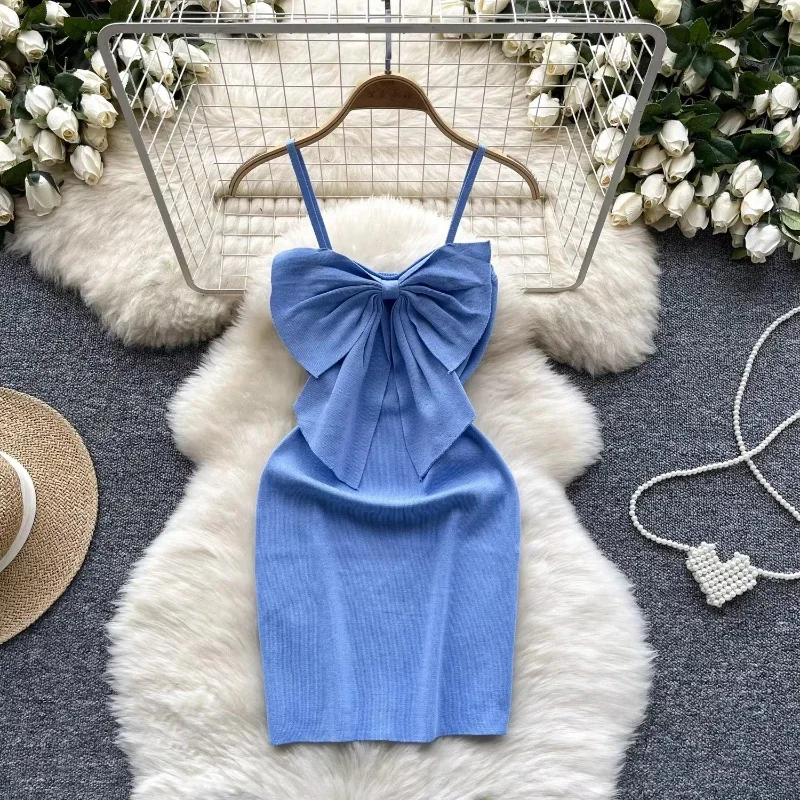 ITOOLIN Mini vestido de fiesta para mujer, vestido sexy ajustado con espalda descubierta y encaje, vestido de verano de punto liso con lazo, trajes de noche para discoteca, moda nueva