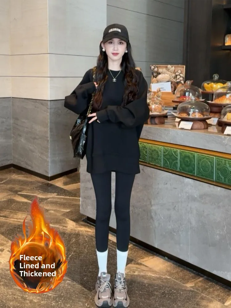 Korean Sle Lazy round Ne Thiened Fce Women's Sweatirt Mid-Length Faionable Autumn Winter New Arrival Streetwear