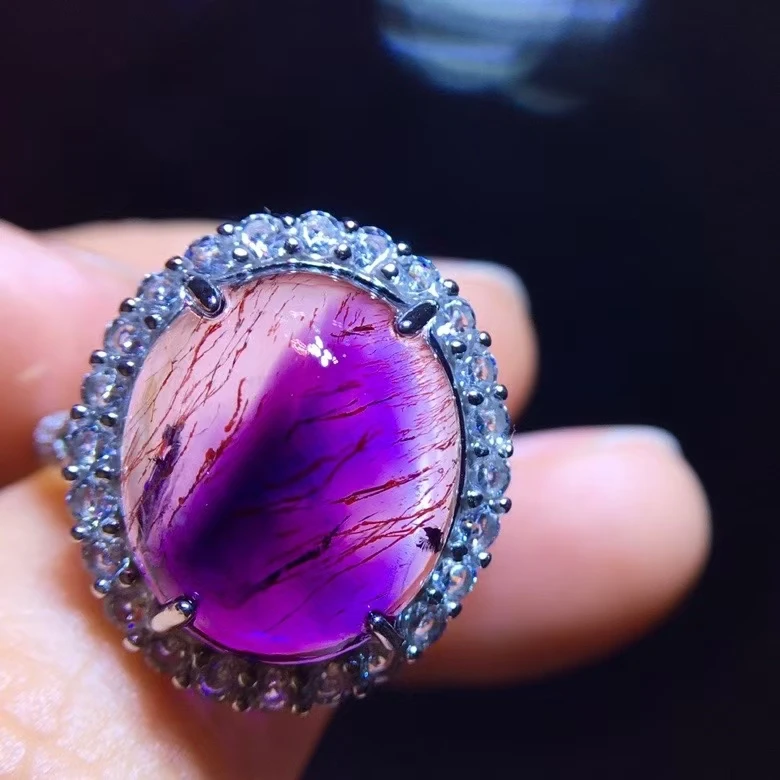 Natural Purple Super Seven 7 Red Lepidocrocite Quartz Adjustable Ring 15/12.7mm Rutilated Women Men Jewelry AAAAAA