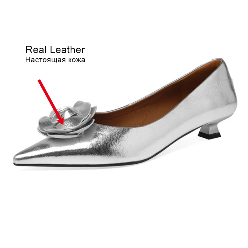 JOZHAMTA Size 33-40 Real Leather Women Wedding Pumps Sexy Pointed Toe Flowers Mid Heels Spring Shoes 2025 Silver Office Dress