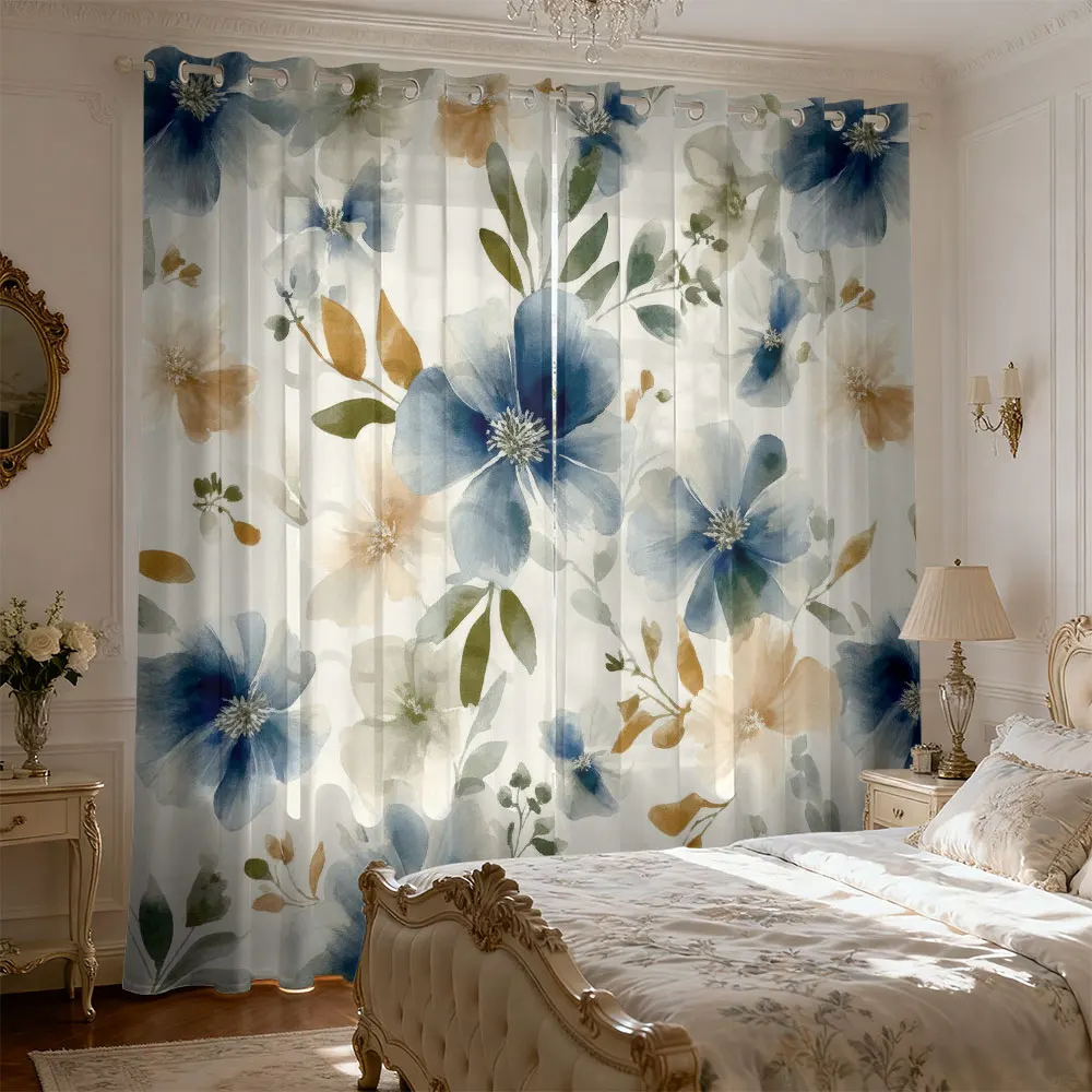 2pcs vintage watercolor blue and brown floral curtains for living room and bedroom perfect for blocking light home decoration