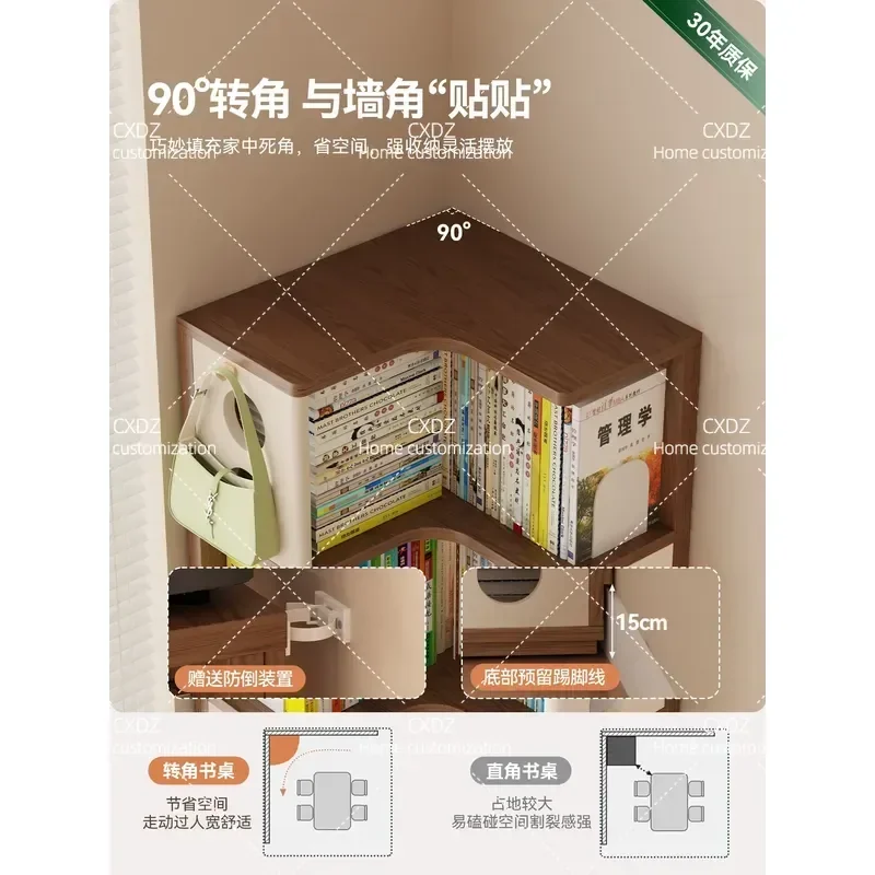 Solid Wood Bookshelf Wall Mounted Corner Narrow Bookcase for Living Room Bedside Floor Shelf 90 Degree Right Angle Space