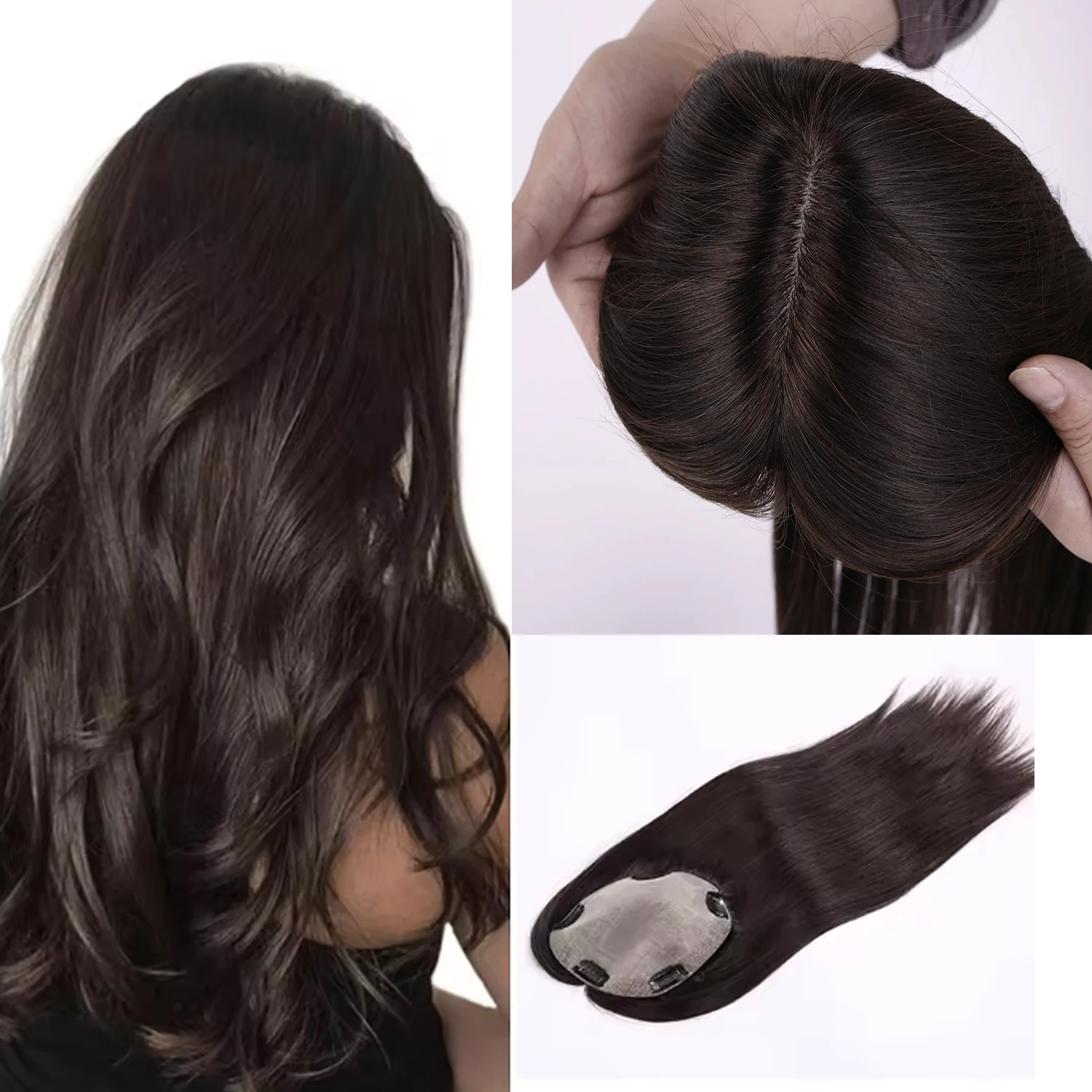 15x16cm Women Hair Toppers Dark Brown Silk Base Straight Topper  Virgin Human Hair Clip in Topper for Women