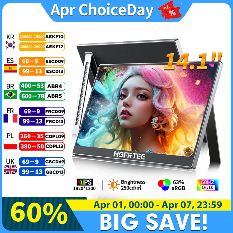 

HGFRTEE 14,1-дюймовый портативный монитор 1200P Full HD второй экран для ноутбука с подставкой и подключением USB-C для PS5 Xbox Switch