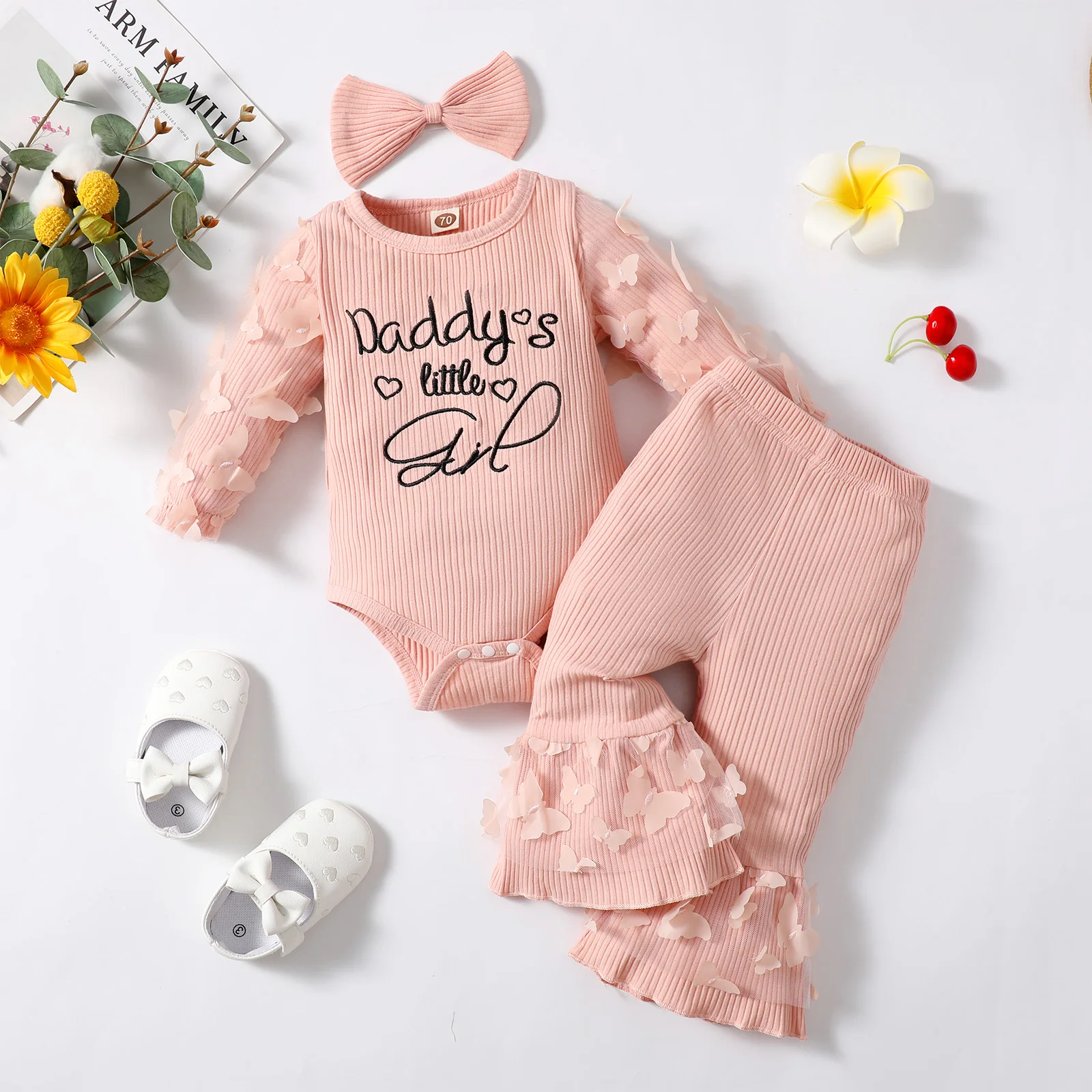 Toddler Baby Girl Clothes Set Alphabet Print Cute Butterfly Decoration Romper + Flared Pants Clothes Spring Autumn Outfits