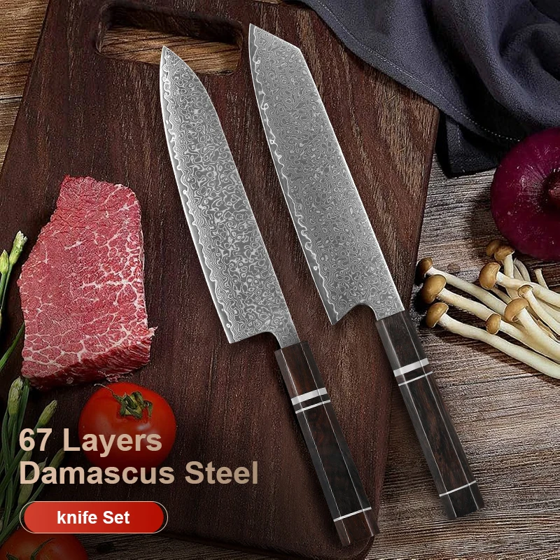 Juego de cuchillos de cocina de 1 a 2 uds., cuchillo de Chef de acero damasco japonés, cuchillo Kiritsuke, cuchillo de cocina súper afilado, mango de madera de ébano
