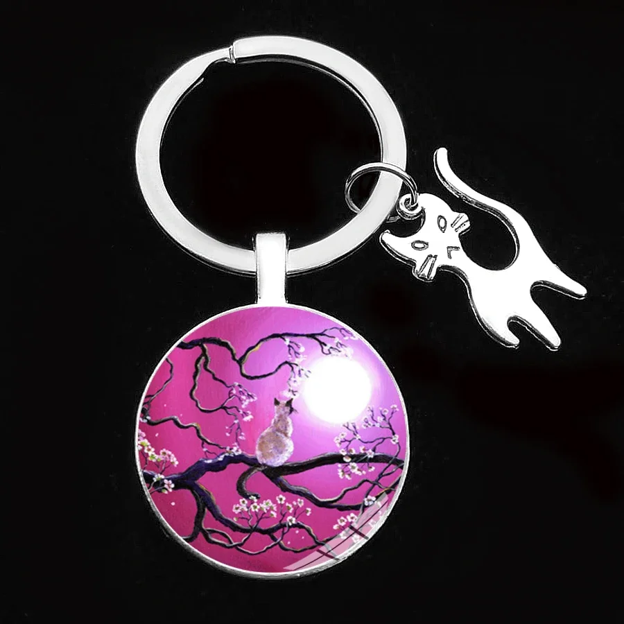 Cute Anime Cat Under Night Sky Keychain with Cat Pendent Fashion Animal Women Purse Bag Car Pendant Key Chain Ring Holder