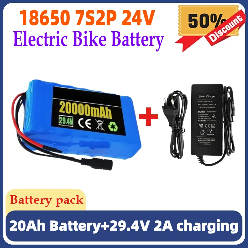 Large Capacity 7S2P 24V 20Ah 18650 Lithium Ion Battery Pack 29.4V Electric Bike Battery+charging