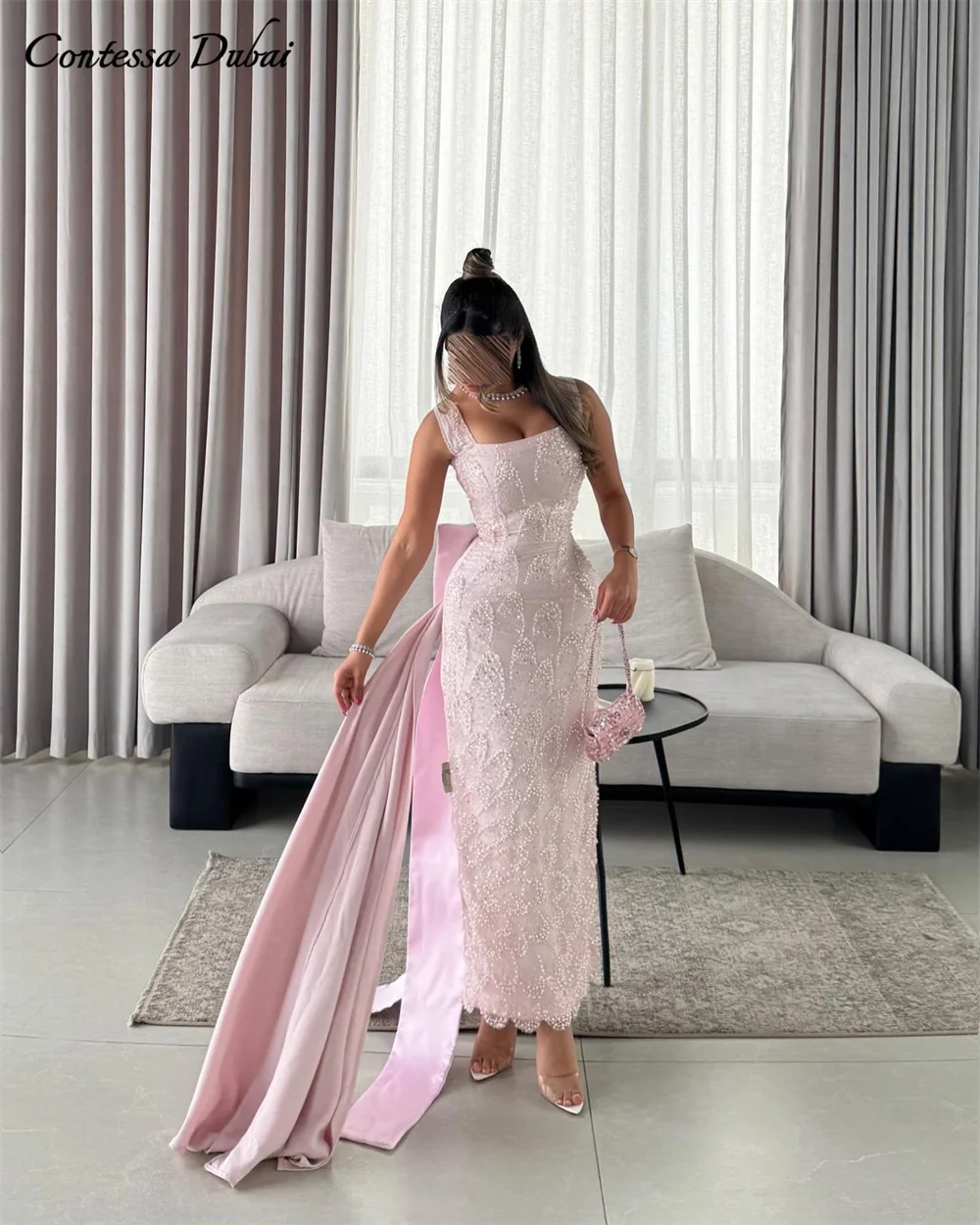 Contessa personalizado frisado lantejoulas vestido de baile com elegante arco tribunal trem sereia vestido de noche tornozelo-comprimento vestido de noite feminino