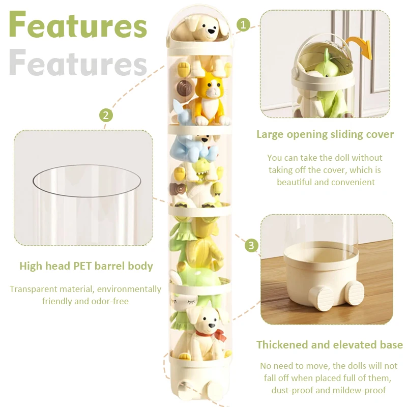 Cylindrical Doll Storage Box Toys Organization Plush Toy Storage Tube Transparent Plastic Stuffed Storage Barrel Toy Organizer