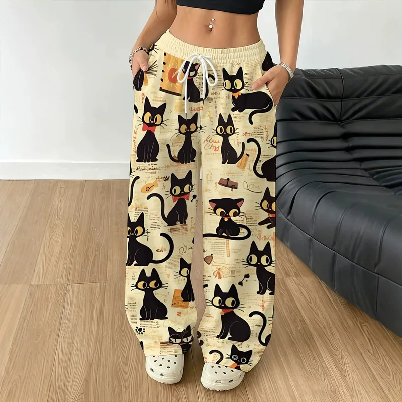 Women' High-Waisted Wide-Leg Trousers - , Adjustable Drawstring Waist, Loose-Fit Figure-Hiding Suitable for Home, Outings