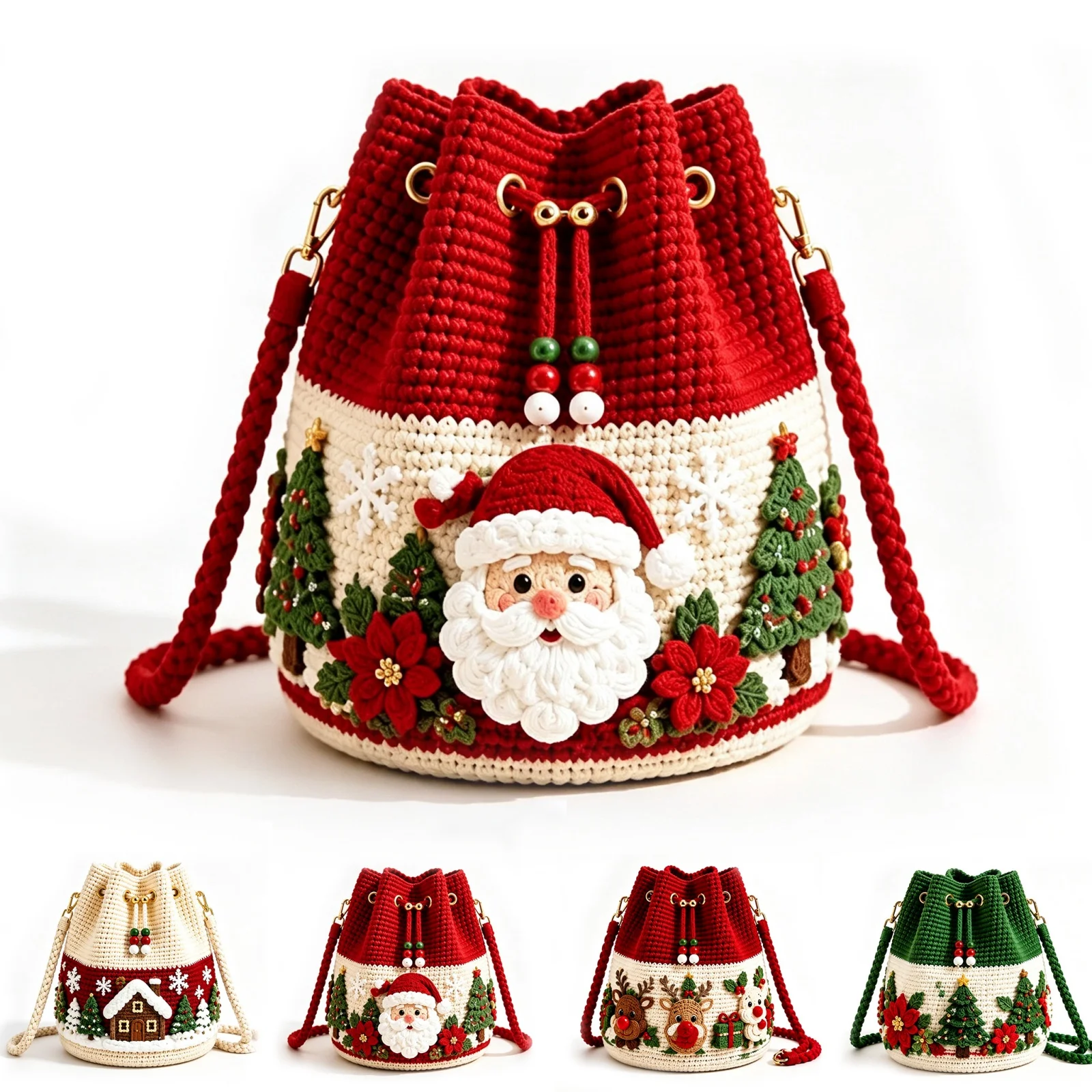 Christmas Gift Tote Bag Xmas Candy Bag Santa Claus Woven Father Christmas Handmade Drawstring Bag Crochet Crossbody Shoulder Bag