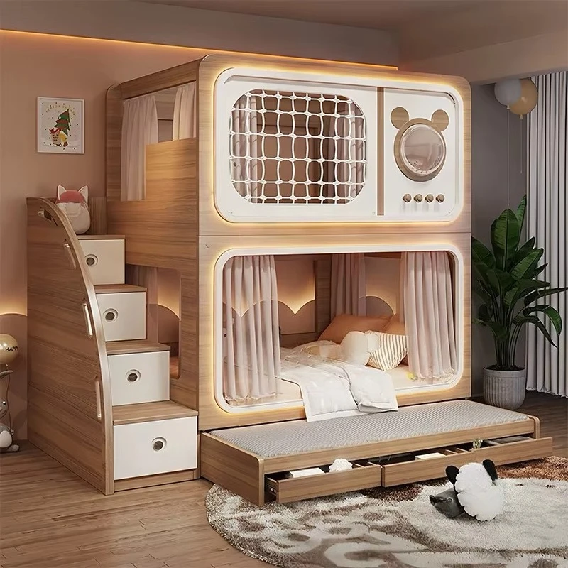 Tempat Tidur Susun Anak Warna Kayu, Tempat Tidur Twin-over-Twin untuk Ruangan Sempit, Tempat Tidur Susun Orang Tua-Anak untuk Anak-Anak