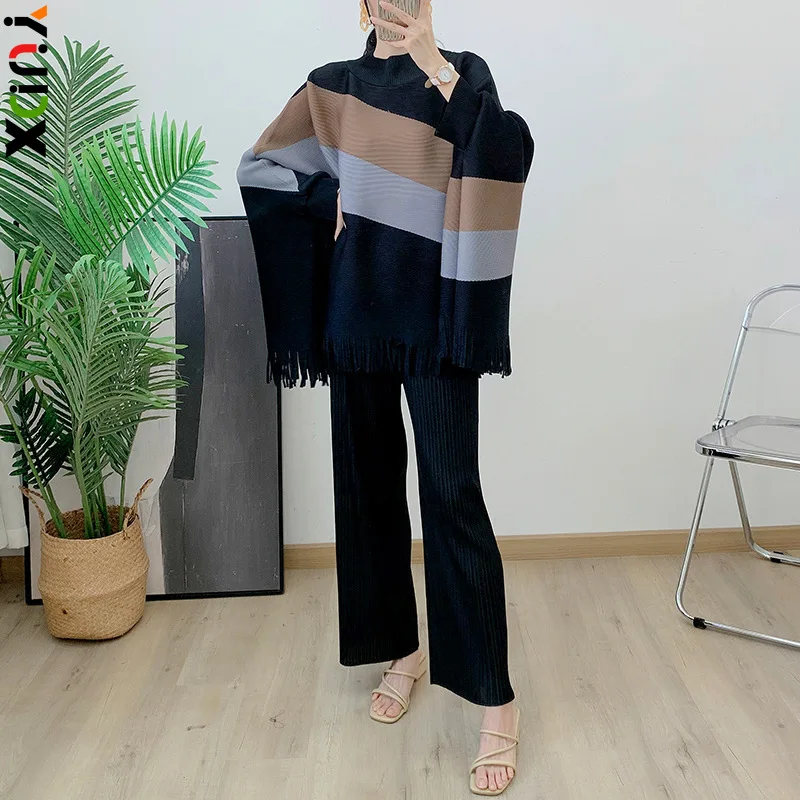 

YUDX Miyake Contrast Color Pleated Set Shawl Top+casual Straight Leg Pants 2 Piece Sets Elegant Women's Clothing 2024 Spring New