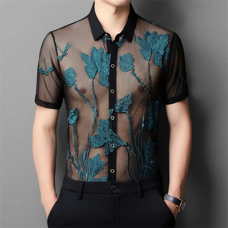 

Embroidery Lotus High-End Shirts For Men Short Sleeve Breathable Summer Quality Fashion Casual Hollow Designer Camisas De Hombre