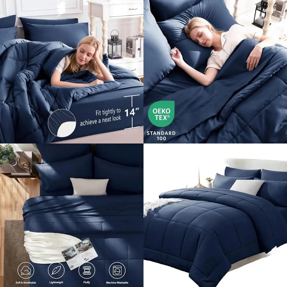 

Комплект постельного белья из 7 предметов, темно-синий, размер Cal King: стеганое одеяло, простыни, наволочки для всех сезонов