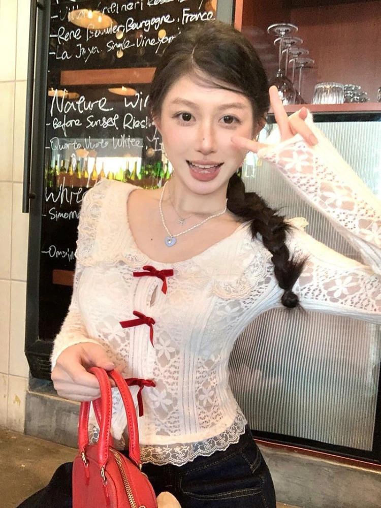 

Sweet Bow Y2k Кружевная блузка Женская весна Новая талия Тонкий укороченный топ с длинными рукавами Японская пряная девушка Базовые рубашки Корсетный топ