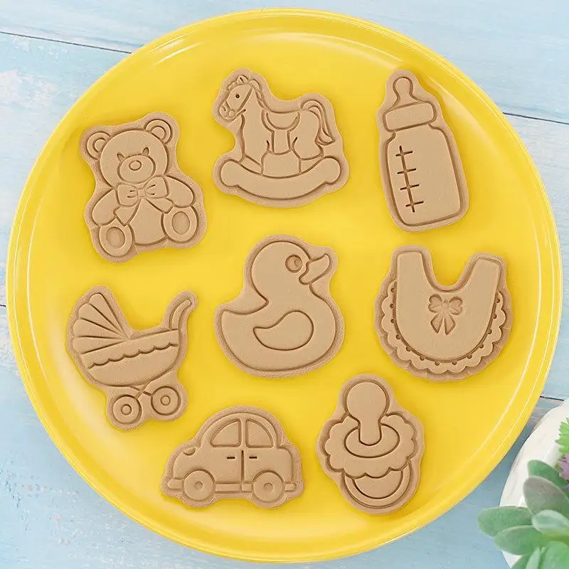 8 Pcs Food Safe Plastic Cookie Stamps 3D Cute Cartoon Press Type Cutters for Kids Snack Pastry Baking DIY