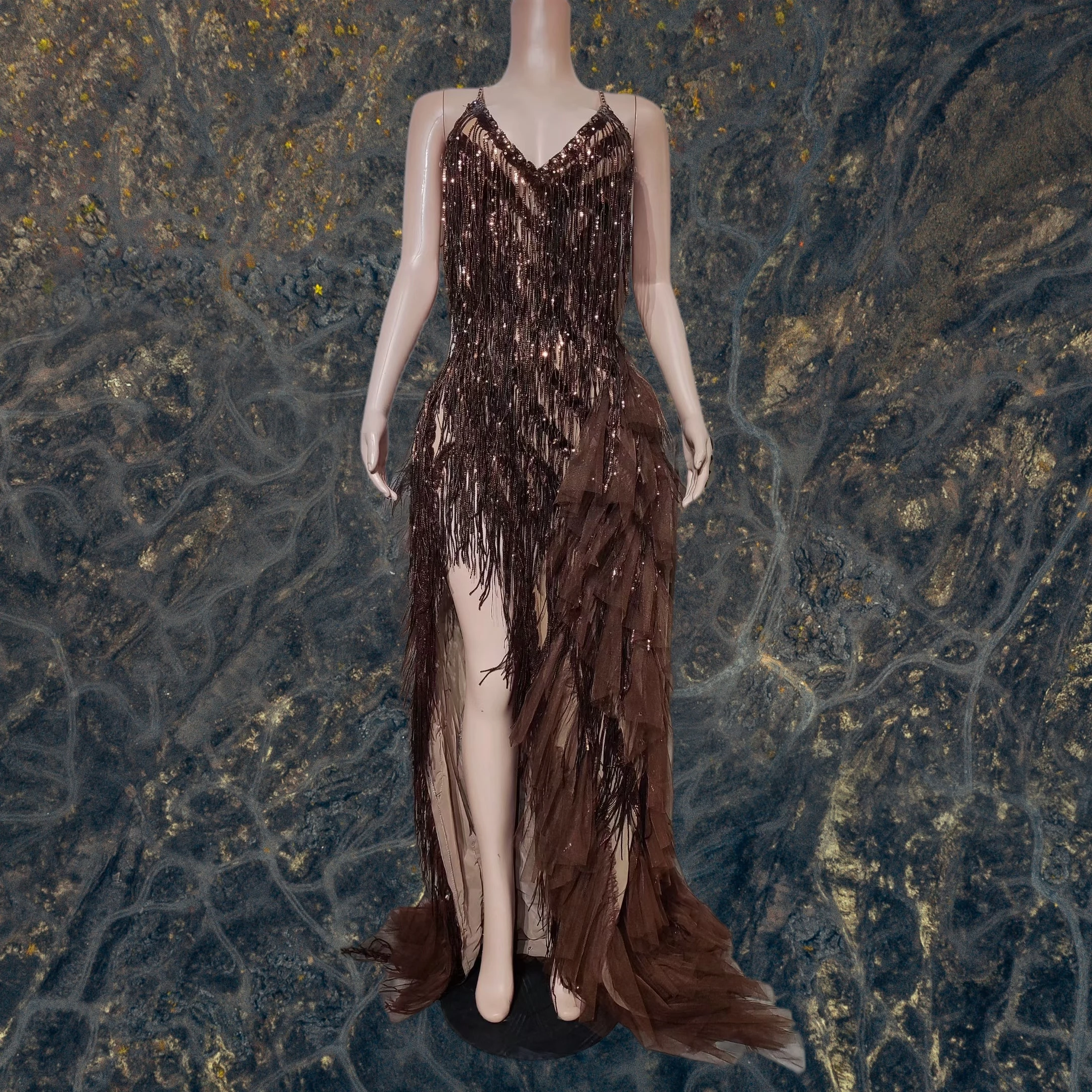 

Sparkly Sequins Tassel High Side Slits Evening Gown Birthday Celebrate Party Photo Shoot Wear Sexy Women Trendy Slip Dress Kafei