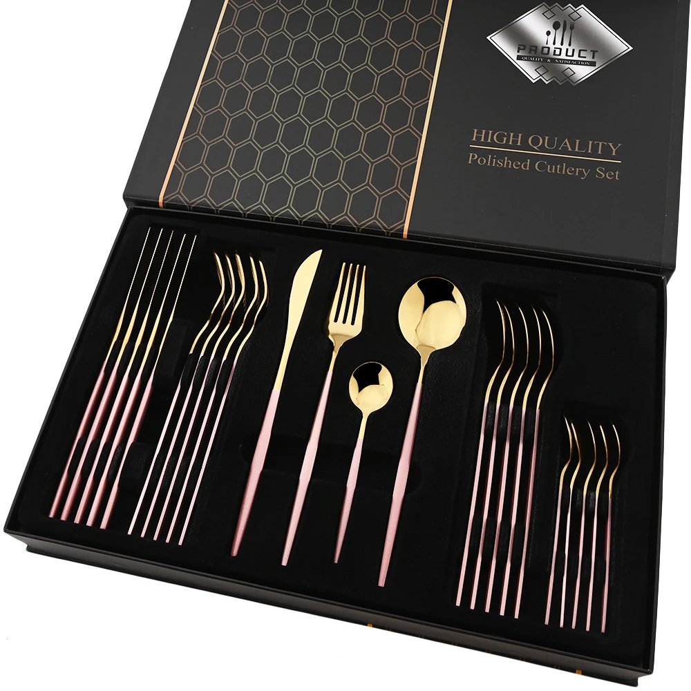 

24pcs Pink Gold Dinnerware Set Knife Forks Spoon Cutlery Set with Gift Box Stainless Steel Spoon Flatware Kitchen Tableware