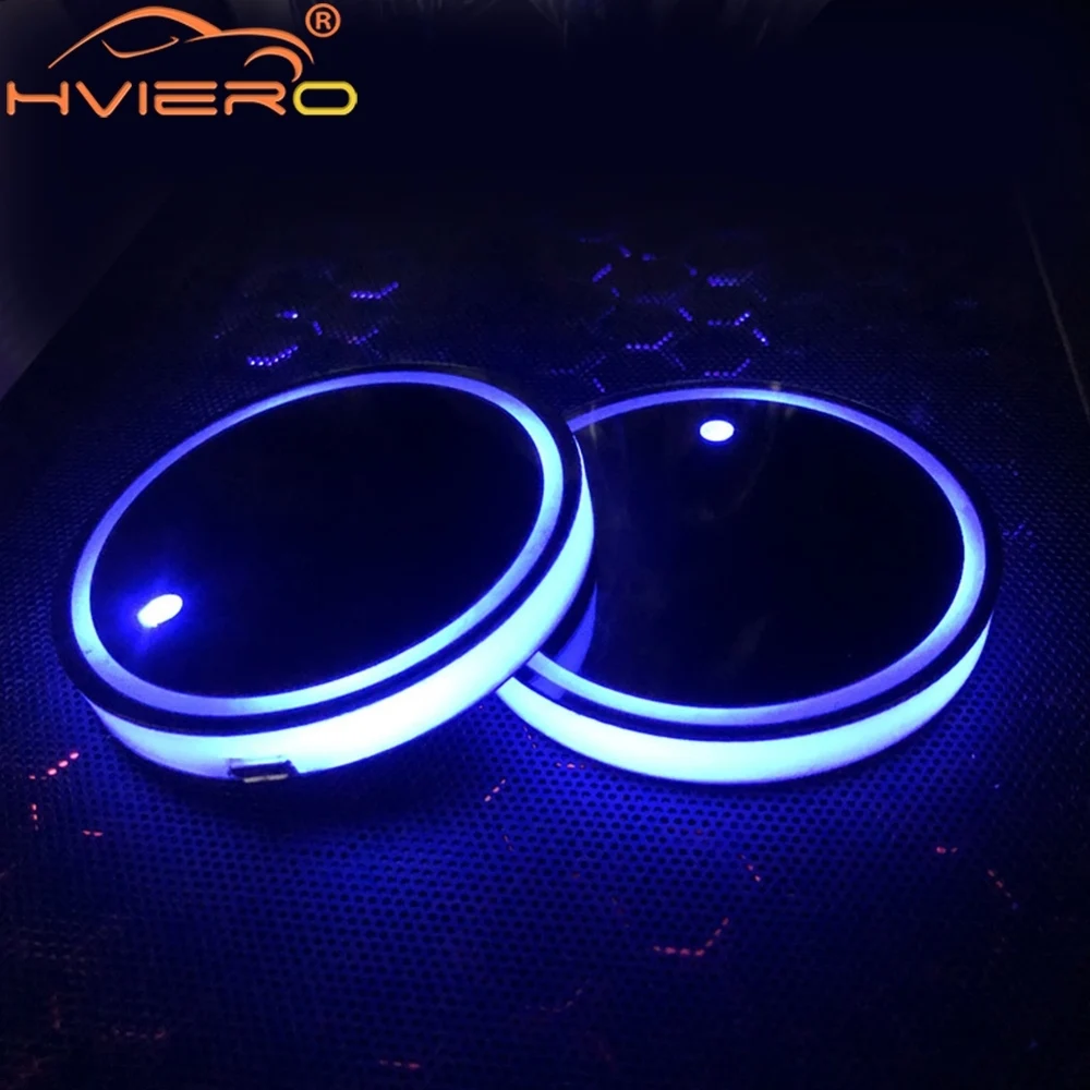 1X Auto Led Car Cup Holder Bottom Pad LED Hub Lamp Cover Trim Atmosphere Welcome Light Anti-slip Mat Interior Colorful Coaster