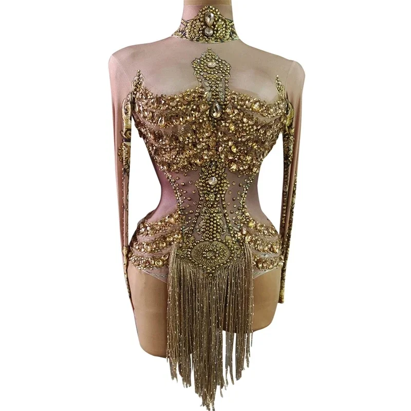 Sparkly Gold Rhinestones Fringe Leotard Women Birthday Nightclub Party Outfit Sexy Dance Bodysuit Performance Show Stage Wear