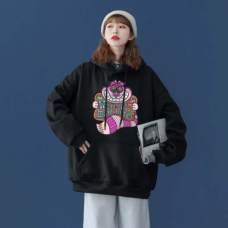 Sudaderas con capucha con estampado de gato de Cheshire de Disney para hombres y mujeres, sudaderas con capucha populares de Alicia en el país de