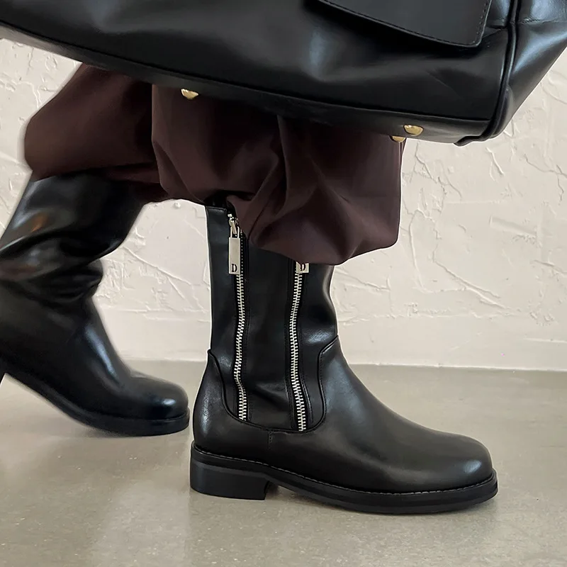 

Arden Furtado Autumn black cowhide Side zipper Short boots Round toe slip-on Middle heel Chelsea boots Large size Women's boots