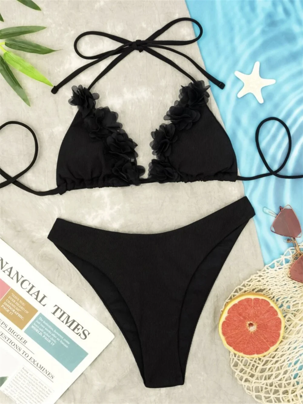 

Solid Black Bikini Mesh Flowers Border String Swimsuit Women Ribbing Vacation Swimwears Bathing Swimming Suit Biquini Beach Wear