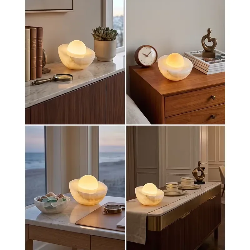 Modern Nordic Marble Table Lamp Glass Bedside Light for Bedroom Living Room Hotel Warm Translucent Art Decoration Minimalist