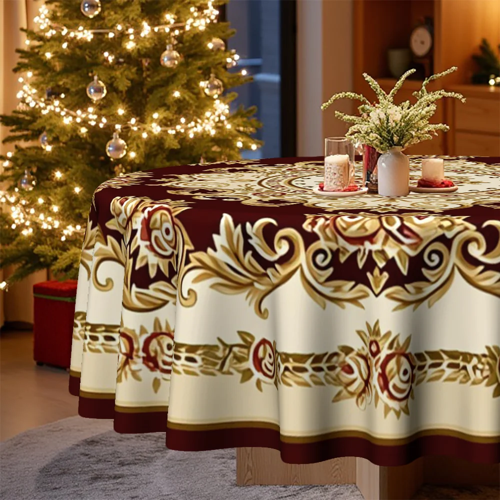 Flat printed tablecloth, suitable for Christmas and Easter, elegant flower engraved round tablecloth