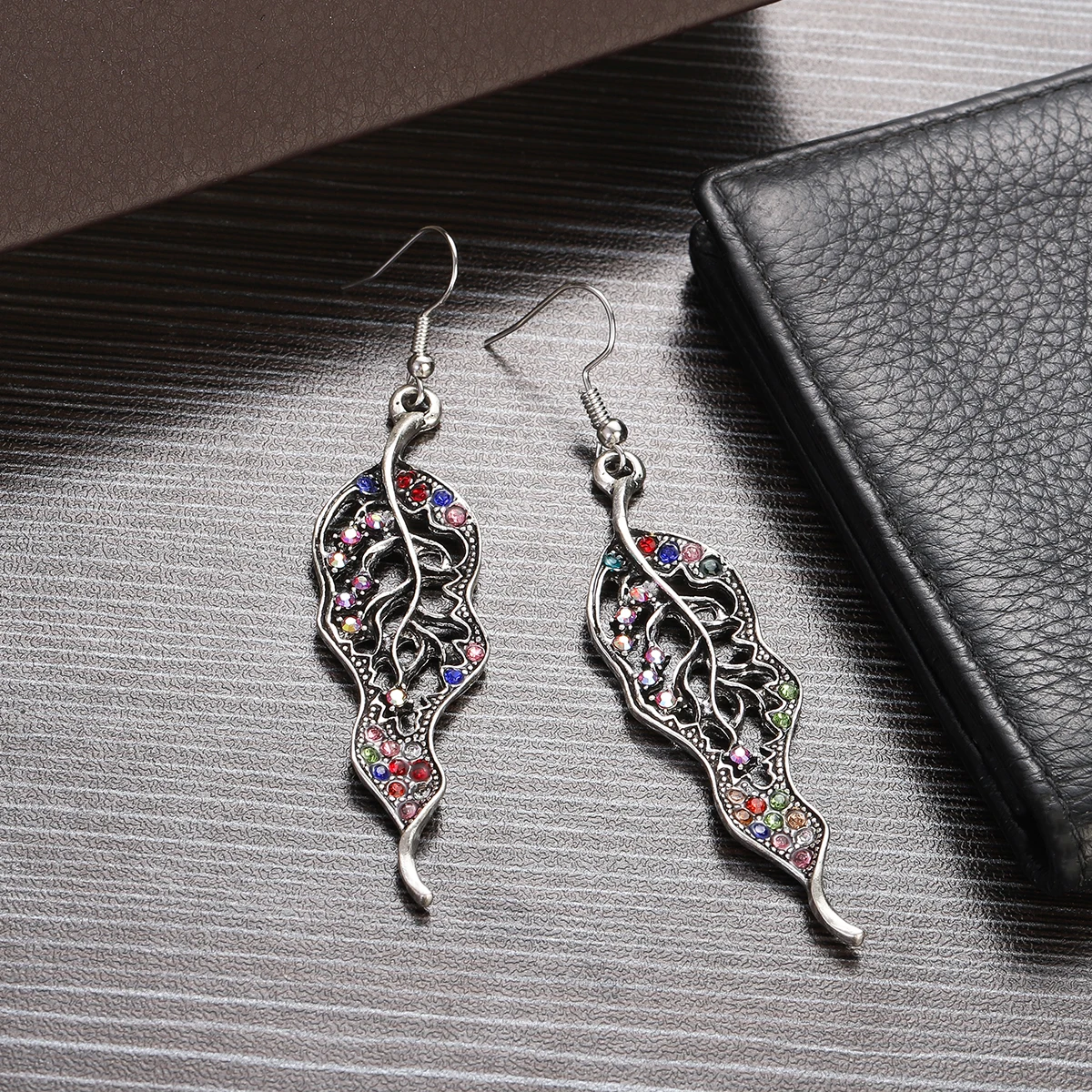 Ethnic Silver Color Leaf Earrings for Women Pendient Vintage Multicolor Zircon Hollow Long Earrings Statement Jewelry Gift