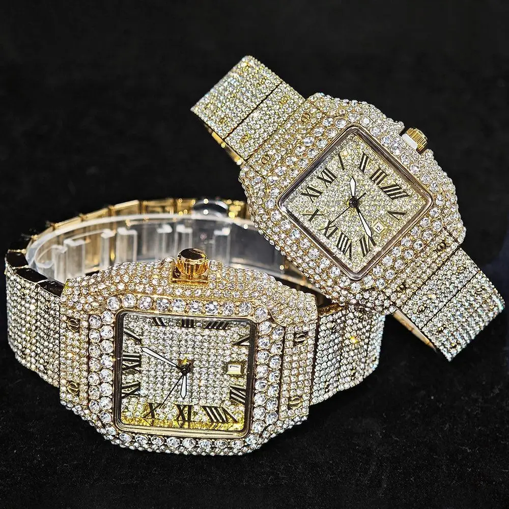 UNIGUET ساعة ثلج فاخرة للرجال والنساء موضة الهيب هوب كامل الماس مربع زوجين ساعة اليد هدية 2026 Hor Sale